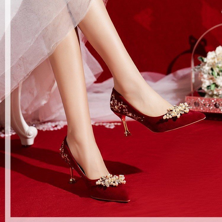 High Heels 2024 New Shoes Red Xiuhe Wedding Shoes Wedding Dress Pearl Embroidered Shoes Two Wear Wedding Women's Shoes Jinjin