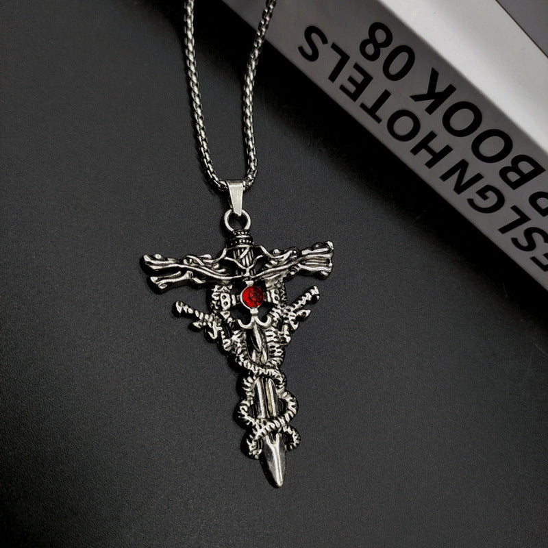 European and American retro double dragon cross pendant foreign trade accessories fashion trendy brand personality titanium steel necklace men do not fade