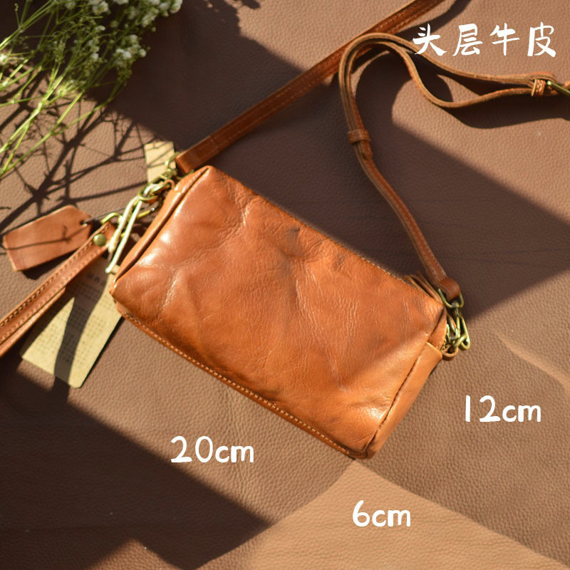 Forest small square bag, high-quality retro double zipper crossbody bag, handmade vegetable tanned leather, men's leather, mobile phone small bag