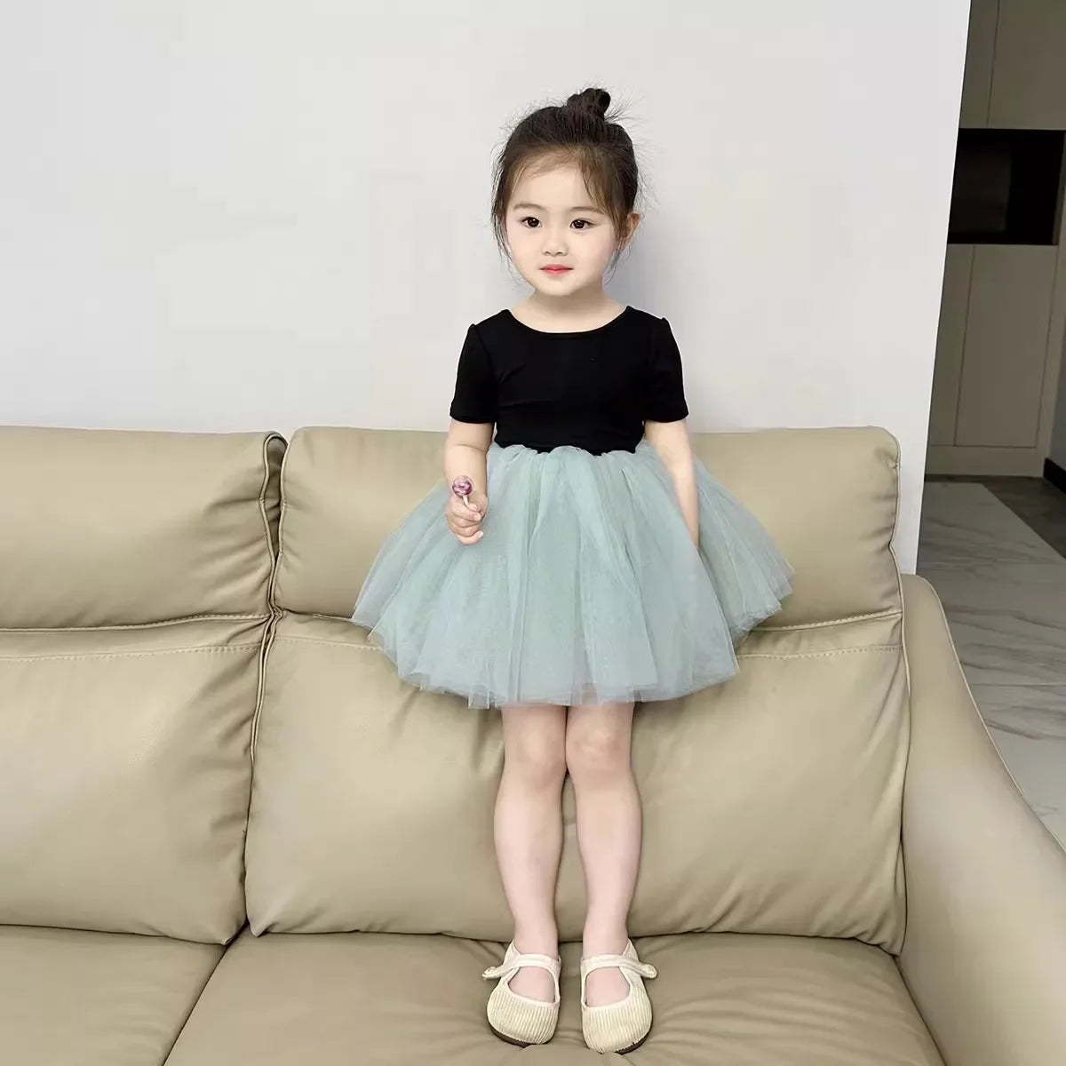 Girls short sleeve backless dress 2024 summer new baby foreign mesh tutu little girl princess dress