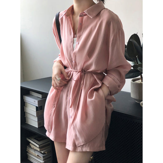 Words double drape breathable sunscreen shirt set women's summer loose thin shirt wide-leg shorts women's 80573