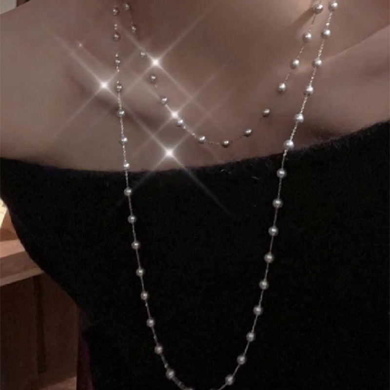 New faux pearl double-layered necklace cross-border exquisite fashion clavicle chain French temperament light luxury sweater chain