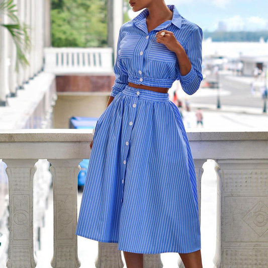 FD496 Spring 2025 Spring New Fashion Temperament Long Sleeved Striped Shirt Set Skirt Two-Piece Set