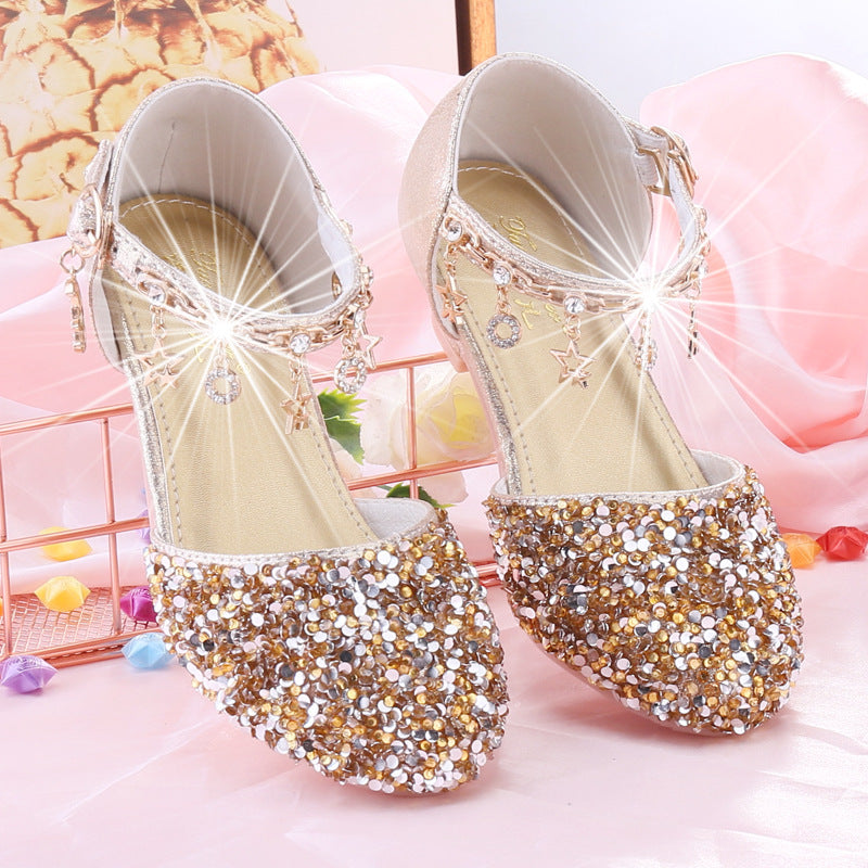 Girls high heels little princess stage show catwalk piano silver with evening dress flower girl crystal girl