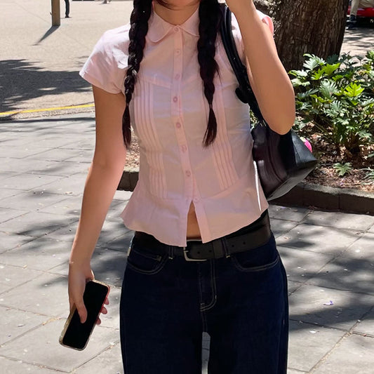 Cross Border 2025 New Cordion Pleats Solid Color POLO Neck Short Sleeve Shirt Women's Versatile Cropped Cardigan Breasted Crop Top