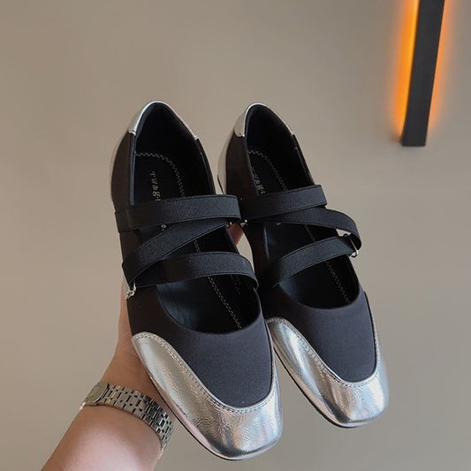 Flat Shoes Women's Square Toe 2025 New Spring Pumps Mary Jane Ballet Shoes with Elastic Band Silver Soft Soled Singles