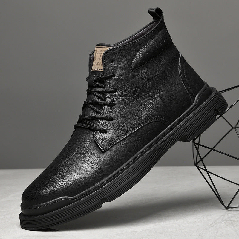 High Top Men's Leather Boots Winter Men's Car Stitching Warm Spot Martin Boots Brown Round Toe Pile Shoes Casual Men's Shoes