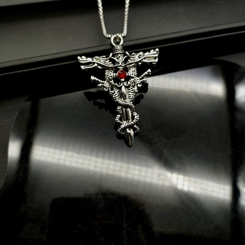 European and American retro double dragon cross pendant foreign trade accessories fashion trendy brand personality titanium steel necklace men do not fade