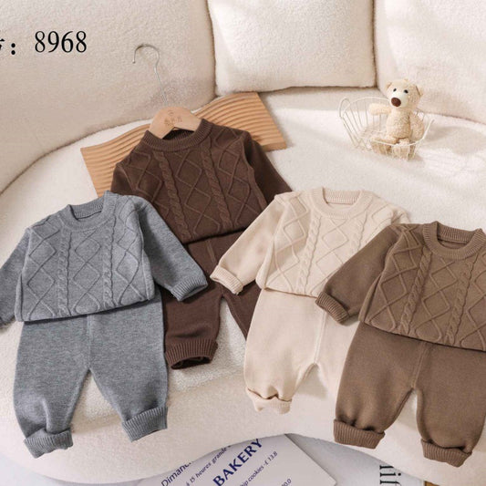 Knitted woolen set for boys and girls vintage cable craft 2024 autumn winter baby Korean sweater knitted trouser cover