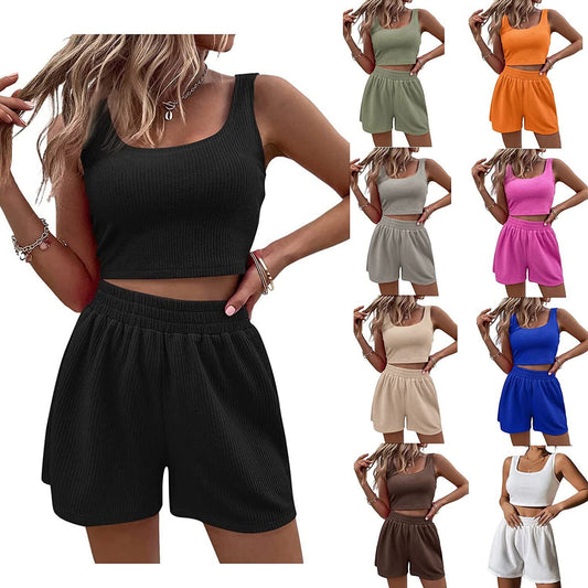 European and American Amazon 2023 Summer Girly Fresh Sweet Beauty Knitted Sleeveless Fashion Casual Solid Color Suit