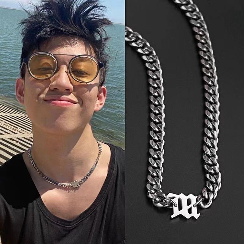 Hip-hop wild M letter pendant titanium steel necklace male ins tide niche design Cuban chain simple cold wind accessories