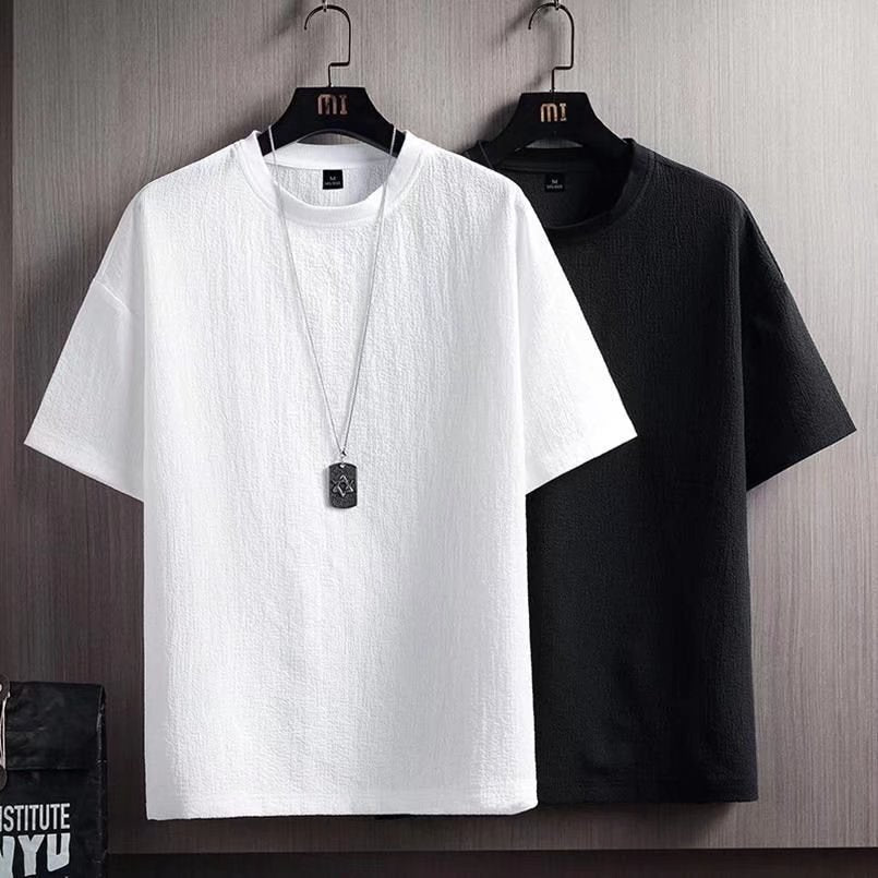 Summer new half sleeve shirt cotton linen short sleeve t-shirt men's solid color loose base shirt white five-quarter sleeves