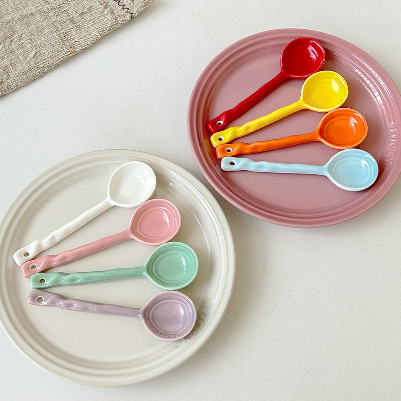 Cute fairy dessert spoon home long-handled high-value soup soup spoon Japanese ceramic dry rice round-headed spoon