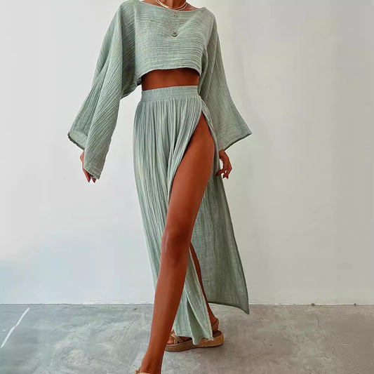 2024 casual vacation linen-blend crop top, high-waisted chic slit, cotton and linen casual two-piece set