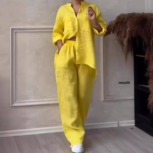 European and American cross-border 2025 new women's solid color single-breasted long-sleeved shirt two-piece set of wide-leg pants lace-up trousers women