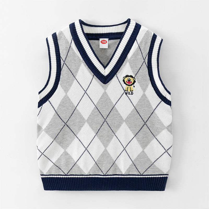 Children's knitted vest 2025 autumn and winter new boys' hair academy wind cord vest baby V neck sleeveless sweater trend