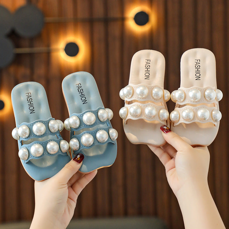 Sandals, girls' sandals, wear outside, fashion and casual big pearls, 2023 shoes, new parent-child slippers for summer