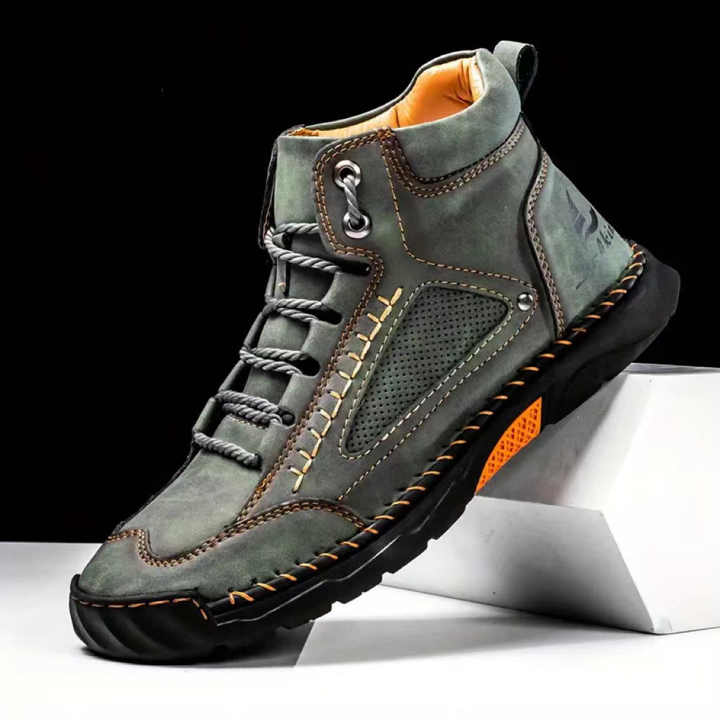 Cross border plus size men's PU leather boots men's fashion hand-stitched ankle boots flat lace-up casual shoes