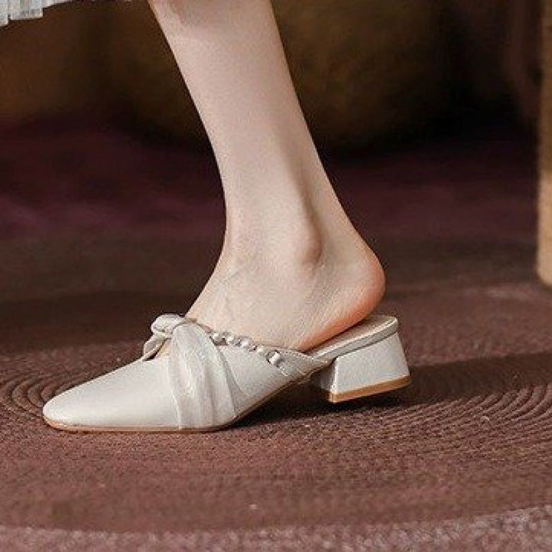 Foreign trade cross-border mid-heel block heel half-holder sandals 2024 summer new fairy style pearl high heels anti-slip women's shoes