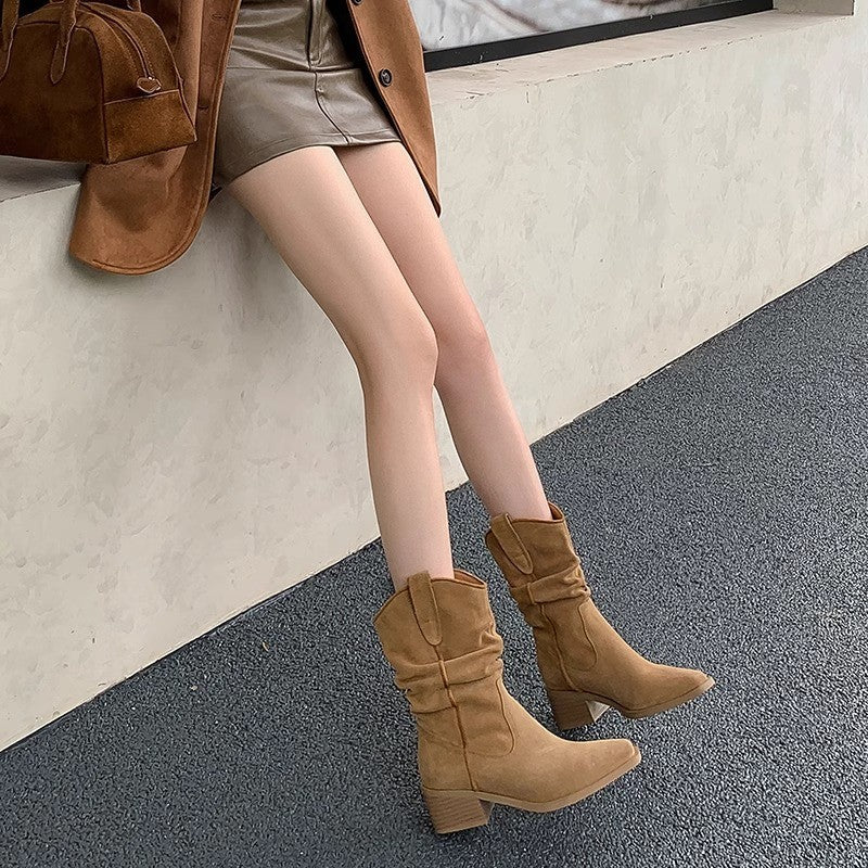 Boots women's mid-cut rider boots 2024 new martin shoes women's pointed toe block heel heeled boots look thin pile pile boots