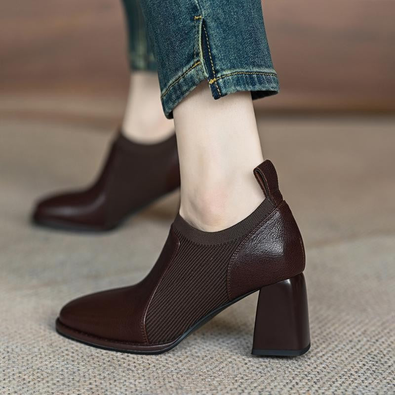2024 new thick-heeled high heels women's spring and autumn nude boots, brown knitted deep shoes, British-style leather shoes