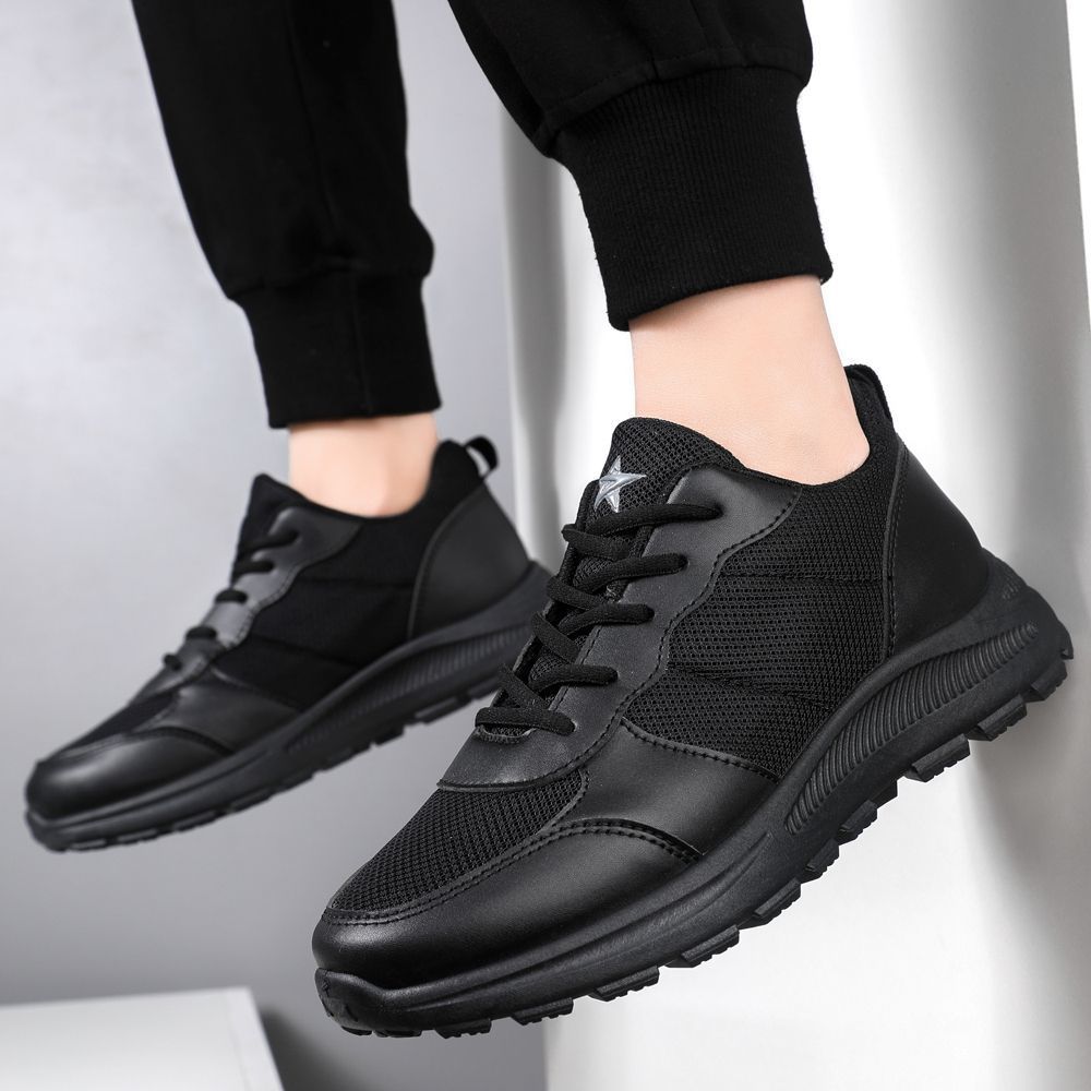 2025 Spring New Men's Shoes Mesh Breathable Athleisure Shoes Soft Sole Non-slip Simple Pure Black Training Work Shoes
