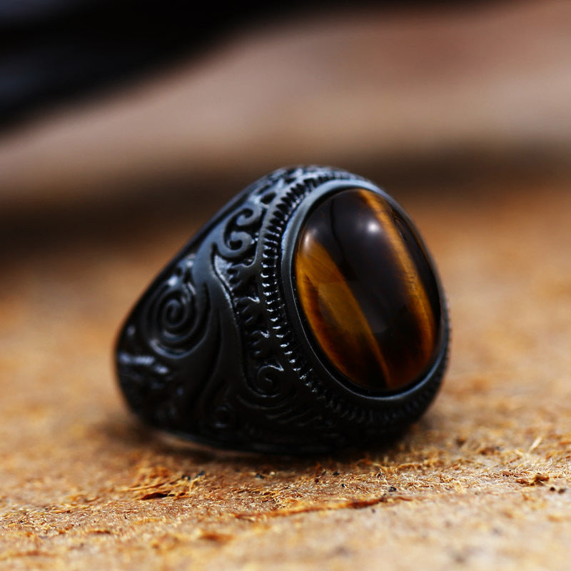 Baosheng new vintage tiger's eye turquoise black carved punk men's fashion hand ornament ethnic style alloy ring wholesale