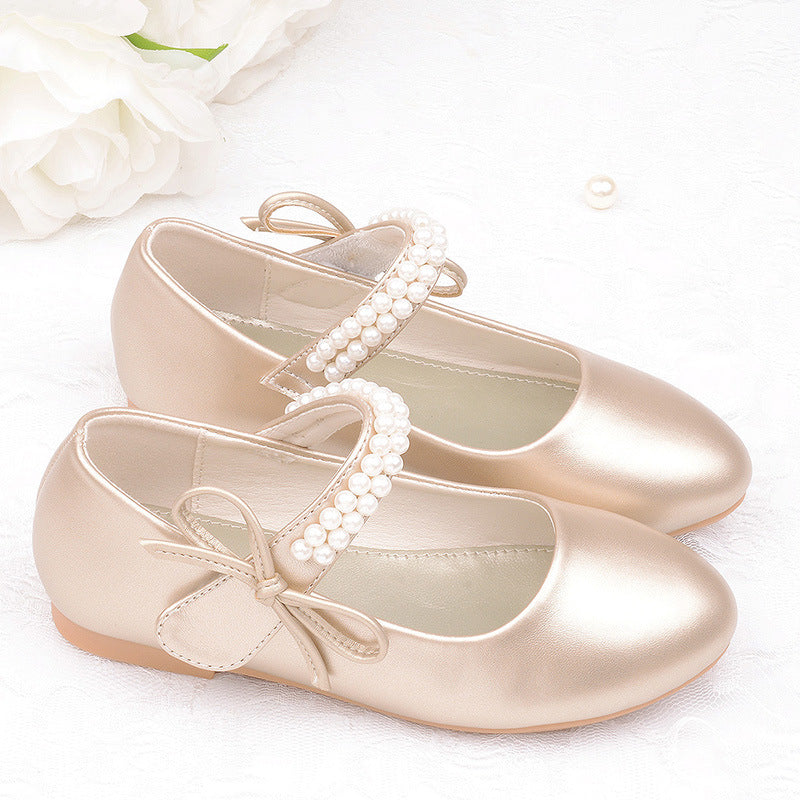 Spring and Autumn New Girls' White Leather ShoesChildren's Flat White ShoesGirls' Flower GirlsSchool Uniforms, Photography Dresses, Shoes, Pearls