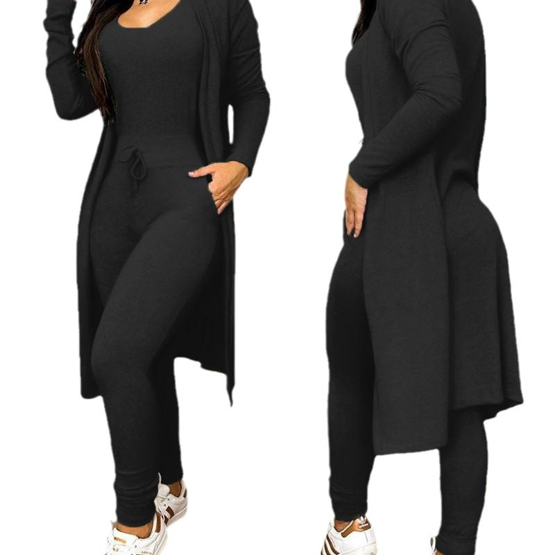 Cross-border European and American foreign trade, new autumn and winter fashion long jumpsuits, long cardigans, casual suits, long sleeves in stock