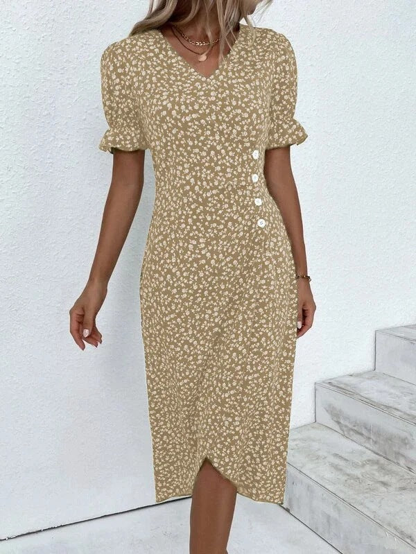 European and American independent station summer hot sale slim women's geometric collage puff sleeves irregular hem dress