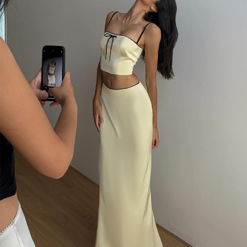 European and American foreign trade 2024 spring new sweet lace-up camisole small vest sexy lace long skirt suit women