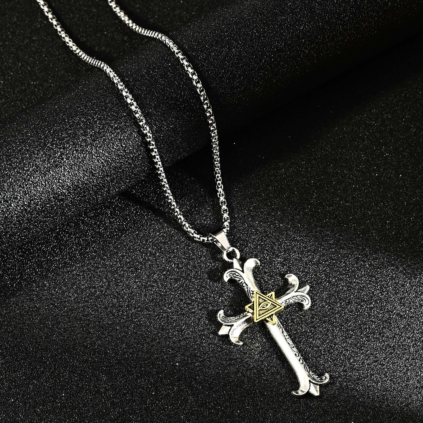 Cross-border hip hop eye of God men's cross pendant Thai silver old personality niche necklace pendant hip hop style