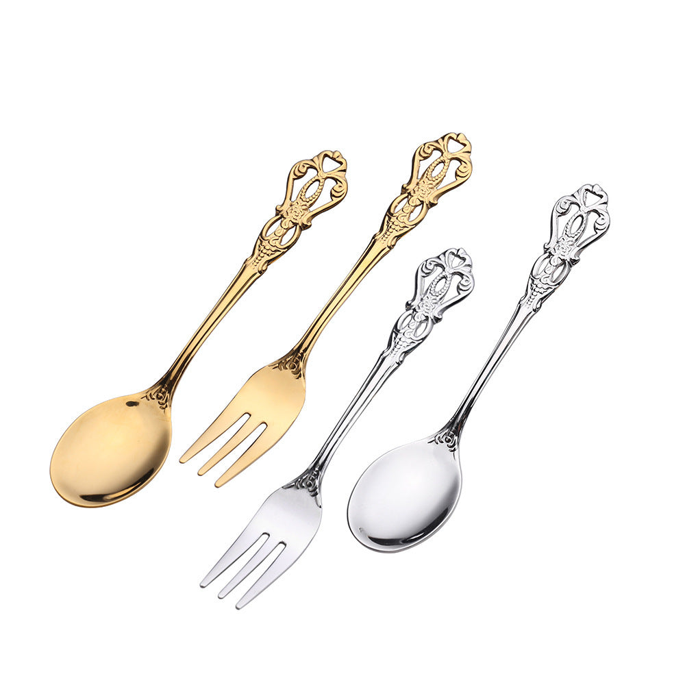 Royal Hollow Embossed Dessert Spoon Three-Tooth Fork Stirring Spoon Set European Style Carved Tableware Gift Vintage Spoon