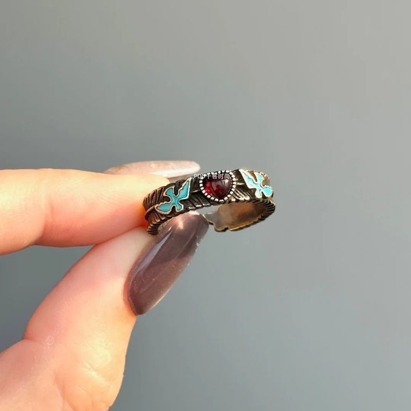 "Flying Bird Collection" vintage pre-loved flying bird ring women's vintage brushed red heart butch style index finger ring