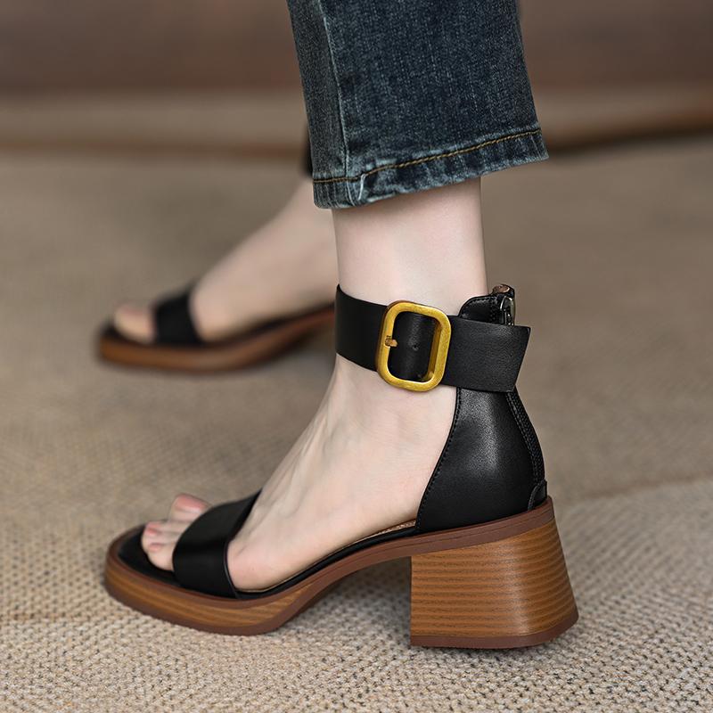 Mr. M Sandals Women's Summer Mid-Heel Platform French Retro Zip Block Heel Straight Buckle Roman Pumps