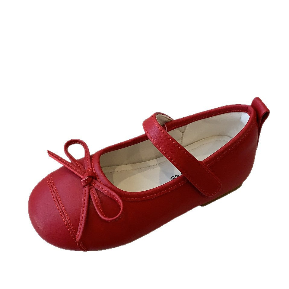 Red children's shoes 2025 autumn new girls' leather shoes pump-mouthed girls' princess shoes bow soft-soled children's shoes