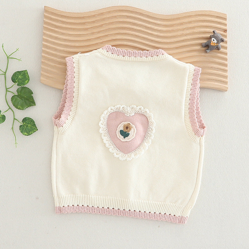 Baby girl knitted vest 2025 spring wear outer wear girls' spring sweater vest baby cardigan shoulder
