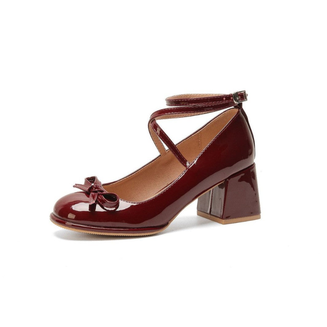 Mary Jane cross-strap with bow thick heel high heels wedding shoes mid-heel single shoes women's versatile cross-border exclusive