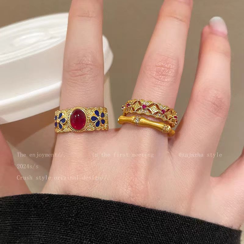 Court style retro gold enamel slub ring women's fashion high-end index finger ring new Chinese autumn and winter style ring