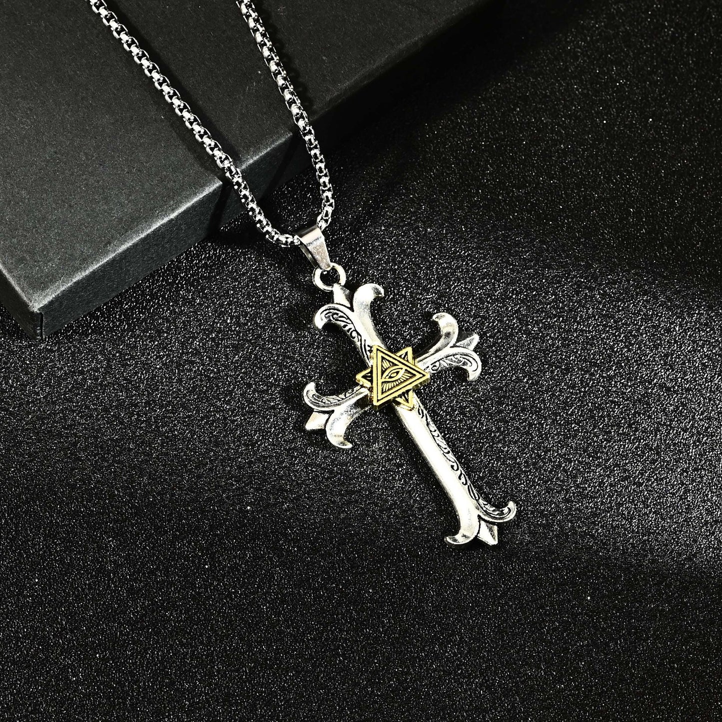 Cross-border hip hop eye of God men's cross pendant Thai silver old personality niche necklace pendant hip hop style