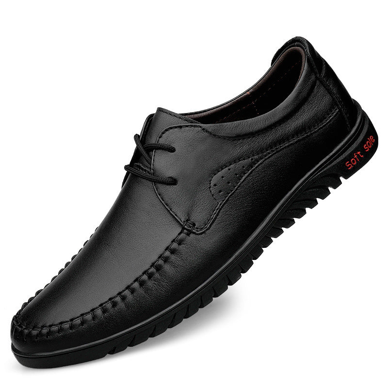 2025 men's spring and summer leather shoes, breathable for work, cowhide soft leather soft soles, casual hole leather shoes, middle-aged business shoes
