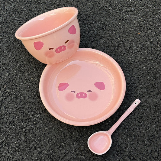 High-value piggy bowl and plate set for home 2024 new one-person ceramic tableware set for couples bowl and plate combination
