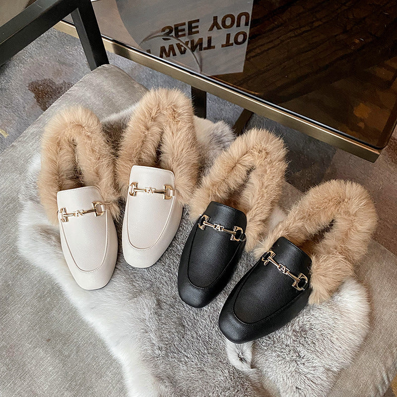 Wool shoes women's winter wear 2025 new autumn and winter flat heel plush bean shoes rabbit fur single shoes women's shoe trend