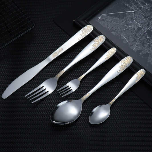 Amazon AliExpress cross-border hot selling morning glory series stainless steel tableware gold-plated knife, fork and spoon set food grade