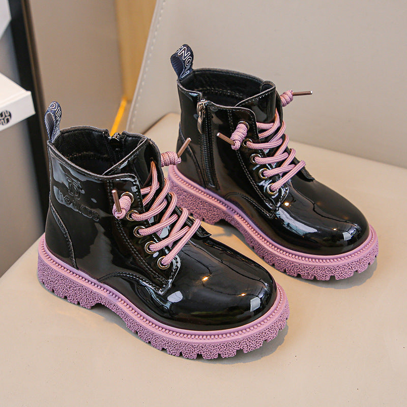 Girls' Martin boots shiny autumn and winter plush leather boots medium and big boy baby boots zipper princess boots women's sequin design