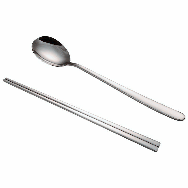 Korean Stainless Steel Spoon Chopsticks Set Thickened Barbecue Restaurant Tableware Flat Chopsticks Silver Elegant High-end Tableware