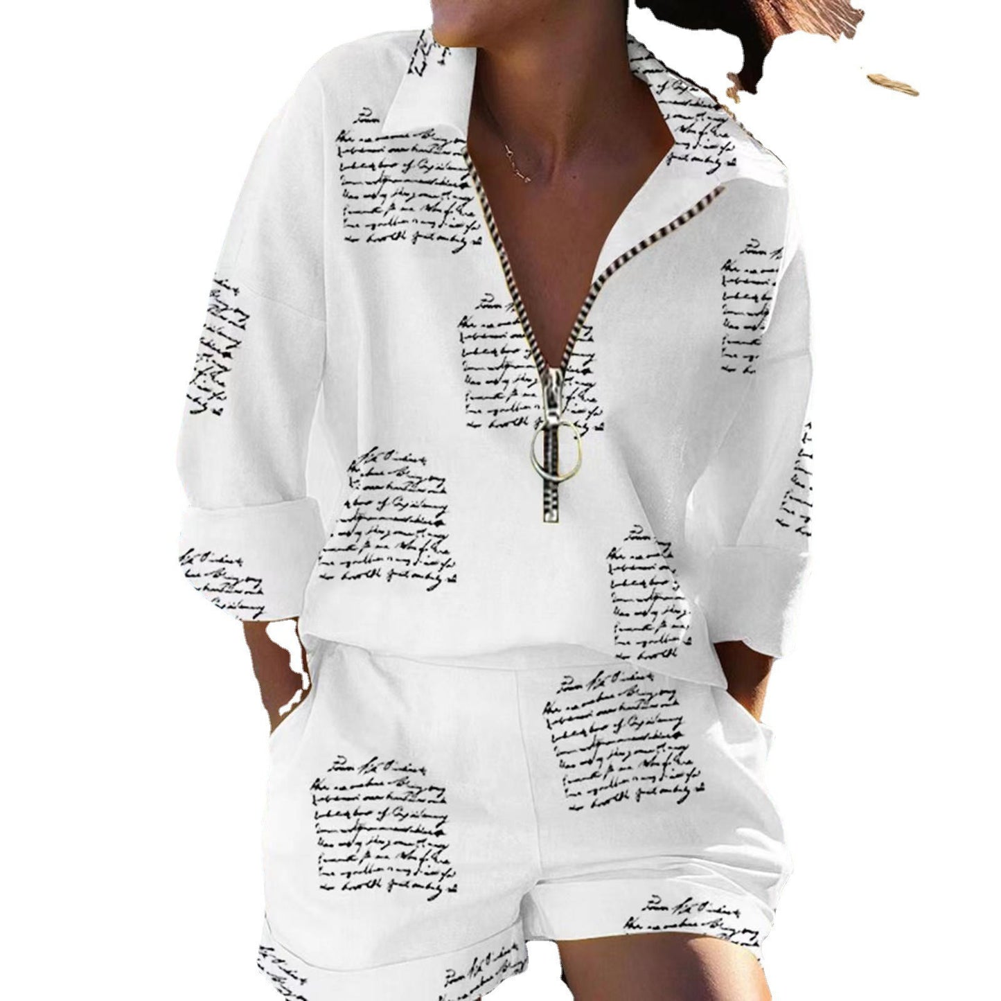 2023 European and American Amazon cross-border e-commerce independent station new women's printed zipper shirt shorts set