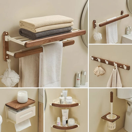Walnut Maillard style shelf, towel rack set, bathroom foldable aluminum alloy shelf, bath towel rack