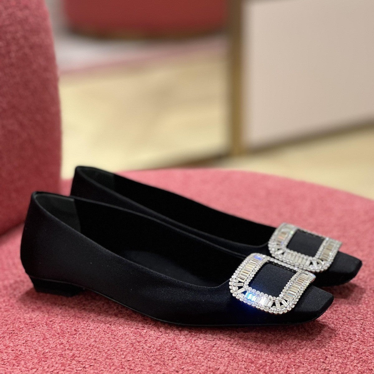 Sheepskin version ~ beautiful rhinestone square buckle leather heels, women's French square toe, Mary Jane single shoes, scoop shoes, evening shoes