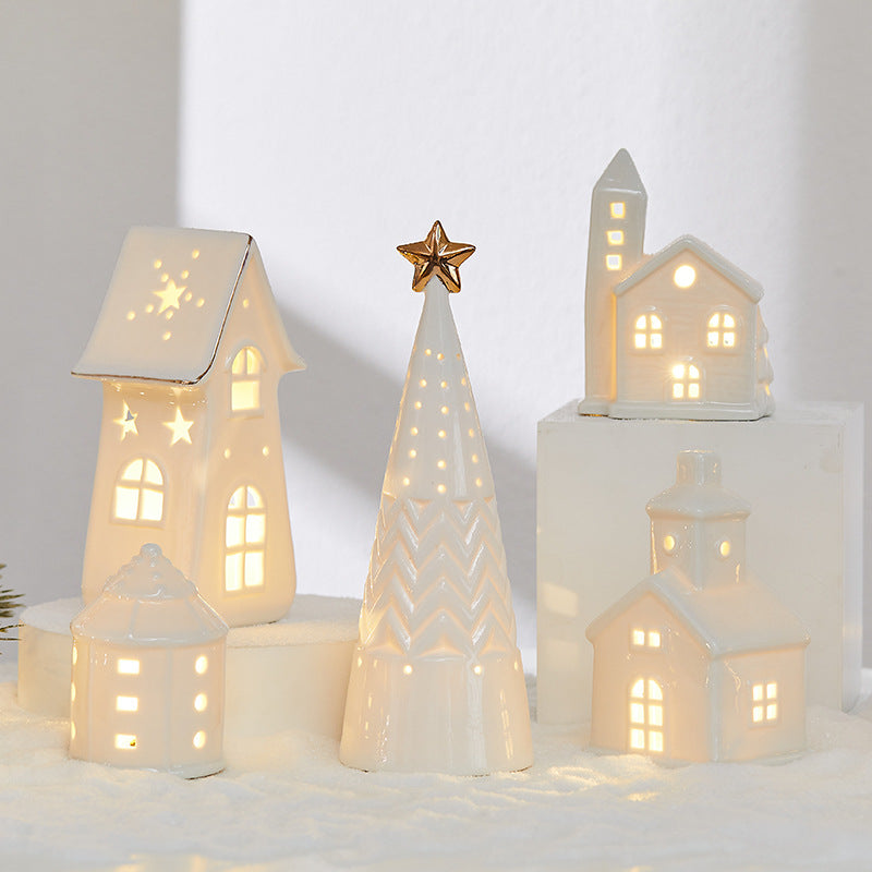 Christmas Ceramic Luminous Christmas Tree Cottage Tabletop Home Ceramic Ornaments Scene Arrangement Props Christmas Gifts